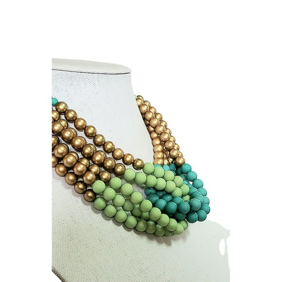 Vintage Multi-Strand Beaded Turquoise Gold Lime Green Criss Cross Necklace - Picture 5 of 5